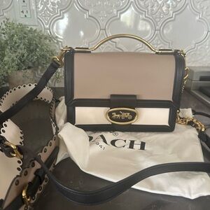New Coach Riley 22 Top Handle Color-block and Scalloped Rivet Leather Strap